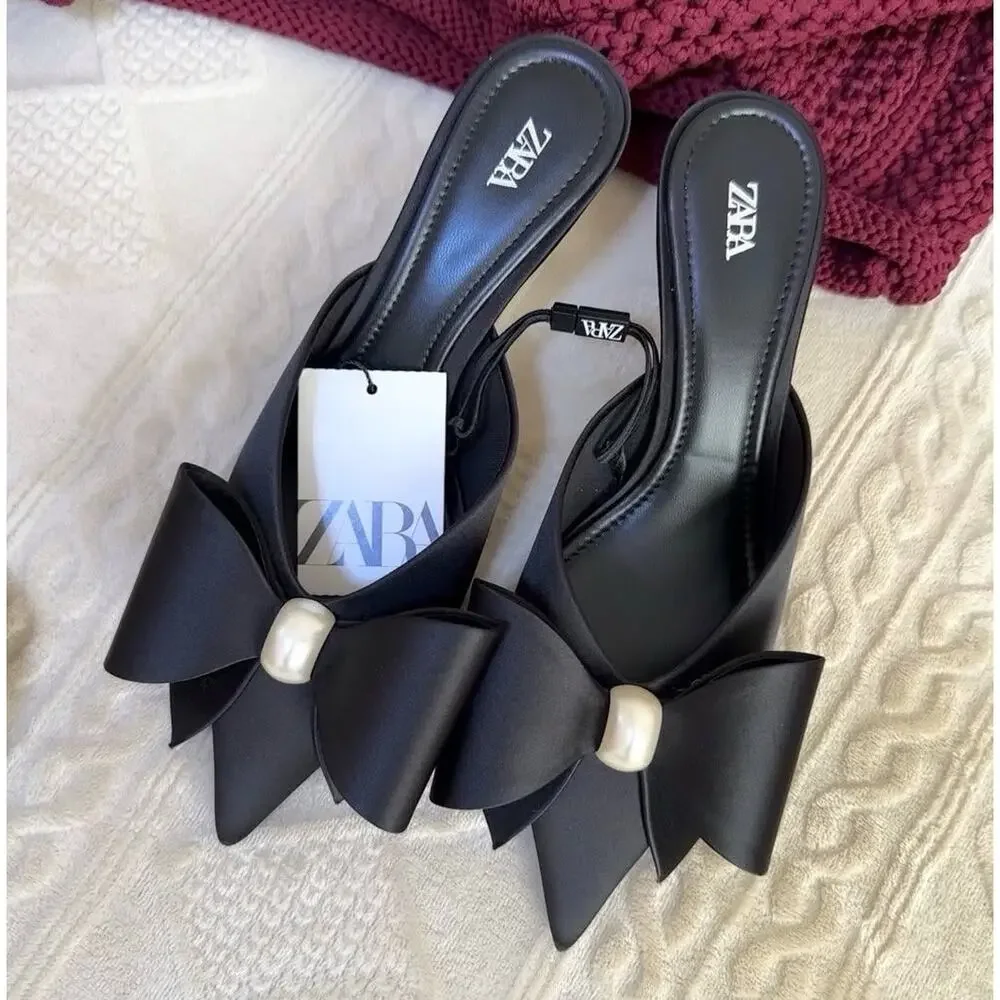 ZARA Black Satin Bow Pearl Slingback Heels NWT Pointed Toe Size 6.5